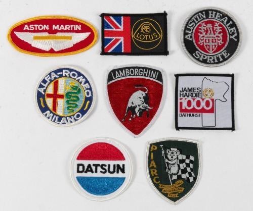 PATCHES: A group of eight embroidered patches, including six car marque patches, a James Hardie Bathurst 1000 patch, and a Phillip Island Auto Racing Club patch