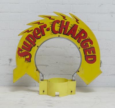 ​​​​​​​SHELL: An original double sided Shell 'Super Charged' curved arrow sign, with reproduction fabricated mounting bracket and adjustable collar (75cm high x 80 cm wide overall)