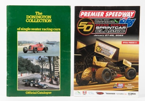 MATERIAL: Two items, including 'The Donington Collection of single seater racing cars' official catalogue and a Premier Speedway 50th anniversary race programme 2023