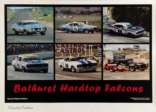 FORD FALCON: A large limited edition poster featuring the Bathurst XA & XC hardtop Falcons by Phase Three Posters, 69cm high, 96cm wide