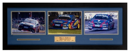MARCOS AMBROSE: A large framed triptych collage featuring Marcos Ambrose's SBR Ford BA Falcon V8 Supercar, including one photograph signed by Ambrose, measures 109.5cm wide, 41.5cm high