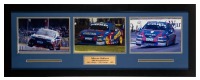MARCOS AMBROSE: A large framed triptych collage featuring Marcos Ambrose's SBR Ford BA Falcon V8 Supercar, including one photograph signed by Ambrose, measures 109.5cm wide, 41.5cm high