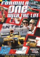 FORMULA ONE: A 1999 Formula One Grand Prix poster signed by a large quantity of celebrity personalities, measures 84cm high, 59.5cm wide
