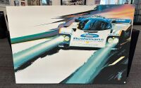 BUNKER BRADLEY: A large canvas print of the Porsche 962 Rothmans Le Mans, by automotive designer and artist Bunker Bradley, circa 2001, Digital art printed and stretched over a timber frame, measures 107.5cm high, 158cm wide - 2