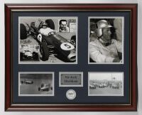 BRABHAM: A framed, limited edition (15/250) collage featuring mounted photographs of Sir Jack Brabham, measures 46cm high,57 cm wide