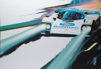 BUNKER BRADLEY: A large canvas print of the Porsche 962 Rothmans Le Mans, by automotive designer and artist Bunker Bradley, circa 2001, Digital art printed and stretched over a timber frame, measures 107.5cm high, 158cm wide