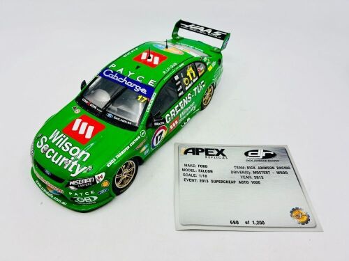 60 · FORD: A 1:18 scale model by Apex Replicas of the #17 DJR Ford FG Falcon driven by Chaz Mostert and Dale Wood in the 2013 Supercheap Auto Bathurst 1000, limited edition 690/1200, complete with original packaging and certificate of authenticity. [Location: Sydney]