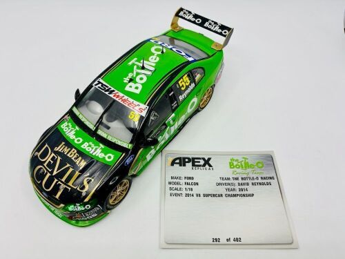 63 · FORD: A 1:18 scale model by Apex Replicas of the #55 The Bottle-O Racing Team Ford FG Falcon driven by David Reynolds in the 2014 Clipsal 500, limited edition 292/402, complete with original packaging and certificate of authenticty. [Location: Sydney]
