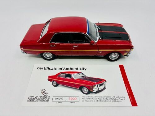 109 · FORD: A 1:18 scale model by Classic Carlectables of the 1969 Ford XW Falcon Phas 1 GTHO in Candy Apple Red, limited edition 0474/3000, complete with original packaging and certificate of authenticity [Location: Sydney]