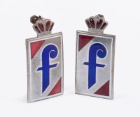 PININFARINA: A pair of metal Pininfarina 'F' badges with attached crown finial, two mounting pins at rear, 6cm high, 3cm wide [Location: Melbourne]