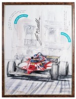 JACQUES VILLENEUVE: A framed limited edition print by Motorsport Artist Greg McNeil depicting Gilles Villeneuve on the streets of Monaco, with statements by Enzo Ferrari & Niki Lauda, measures 84.5cm high, 64cm wide [Location: Melbourne]