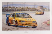 JOHNSON/BOWE: A Brian Baigent print - 'MASTERS OF THE MOUNTAIN' - depicting the Ford Falcons of Dick Johnson and John Bowe 1994 Bathurst, print signed in pencil by the artist, John Bowe and Dick Johnson, artist proof number 63/75, print measures 90 cm wid