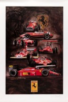 FERRARI: A large poster featuring a detailed illustration of Ferrari Formula One cars from the 1950s to 1980s, 87cm high, 59cm wide [Location: Melbourne]