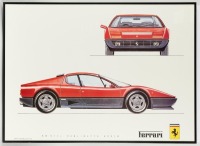 FERRARI 512 BB: A large framed & glazed print featuring side and front profile depictions of the Ferrari 512 Berlinetta Boxer [Location: Melbourne]