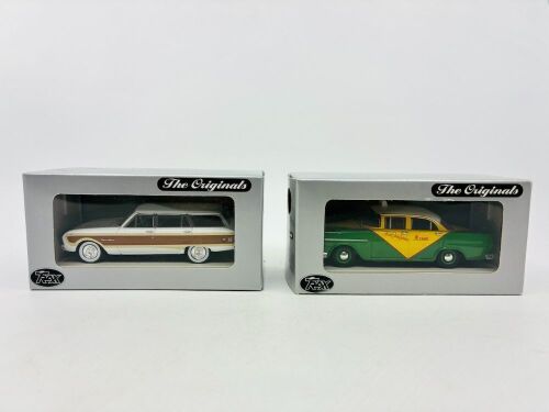 105 · HOLDEN: Two 1:43 scale models by Trax including the Holden FB Taxi and the Ford XL Falcon Squire Wagon, complete with original packaging [Location: Sydney]