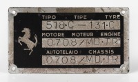 FERRARI 500 TRC: An original 1957 Ferrari 500 TRC identification plate, engine and chassis number 0708 MD/TR [Location: Melbourne]