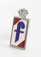 FARINA: A plastic epoxy-coated Farina badge, marked to rear 'J.Fray Vitrofoil JF 7018 104025' measures 6.5cm high [Location: Melbourne]