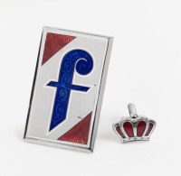 FARINA: A Farina 'F' body badge, with separate crown, as fitted to Ferrari 330GTs and others [Location: Melbourne]