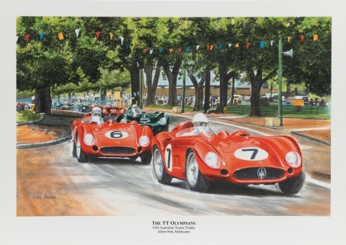 MASERATI: A high quality print after the original artwork - 'THE TT OLYMPIANS' - featuring a pair of Maserati 300S as driven by Stirling Moss and Jean Behra at the 1956 Australian Tourist Trophy, Albert Park [Location: Melbourne]