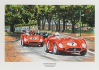 MASERATI: A high quality print after the original artwork - 'THE TT OLYMPIANS' - featuring a pair of Maserati 300S as driven by Stirling Moss and Jean Behra at the 1956 Australian Tourist Trophy, Albert Park [Location: Melbourne]
