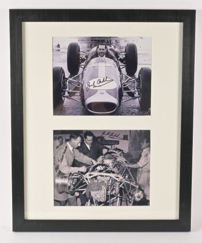 WORKSHOP:Two B/W photos featuring Jack & Ron working on a car together with another with Jack in the car, each signed by Jack and lower image also signed by Ron
