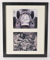 WORKSHOP:Two B/W photos featuring Jack & Ron working on a car together with another with Jack in the car, each signed by Jack and lower image also signed by Ron