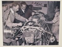 WORKSHOP:Two B/W photos featuring Jack & Ron working on a car together with another with Jack in the car, each signed by Jack and lower image also signed by Ron - 3