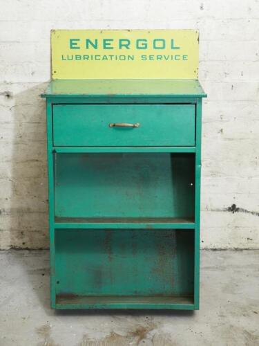 ENERGOL: A steel 'Energol Lubrication Service' oil bay shelf unit, 116cm high x 61cm wide.