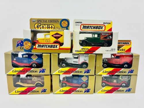 211 · MATCHBOX: Eight 1:64 scale Matchbox models featuring the Ford Model A Van (MB38) in various liveries, all in original packaging [Location: Sydney]