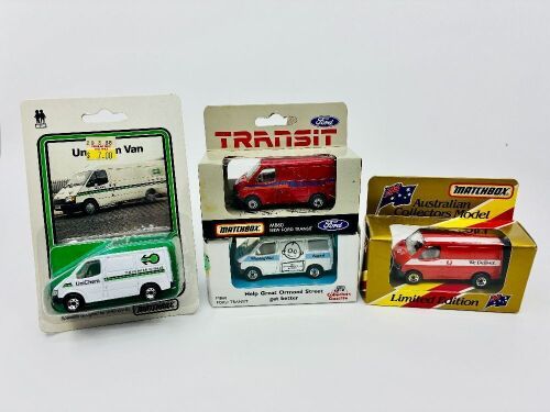 215 · MATCHBOX: Four 1:64 scale Matchbox models featuring the Ford Transit (MB 60) in various liveries, all in original packaging [Location: Sydney]