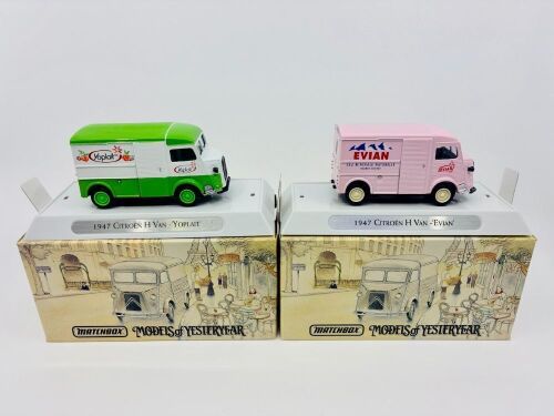 255 · MATCHBOX YESTERYEAR: Two Matchbox Models of Yesteryear 'Taste of France' series 1:43 scale Citroen Type 'H' Vans, one in Evian livery (YTF1) and the other in Yoplait livery (YTF3), both in original packaging [Location: Sydney]