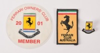 FERRARI OWNERS CLUB: Three items related to the Ferrari Owners Club Australia, including a patch, badge, and multiple adhesion 2001 window sticker [Location: Melbourne]