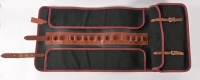 TOOL ROLL: A high-quality canvas tool roll with leather straps and red piping, suits Maserati and other Italian marques. Made in Sheffield, England. Once extended measures 82cm high, 38cm wide [Location: Melbourne]