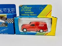 MATCHBOX: A Matchbox 1:43 scale models including the 'Mitre Ten Racing Team' truck and race car together with a Trax Holden Fj Van in Coca-Cola livery, all in original packaging. [Location: Sydney] - 3