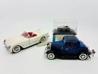 ICONIC CARS: Three models of various scales including a 1:24 scale 1953 Corvette by Franklin Mint, a 1:30 scale model of the 1932 Ford 3 Window by Superior and a 1:76 scale model of the Austin Healey MKIII by Oxford. [Location: Sydney]