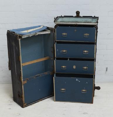 HARTMANN: c1920's original Gibraltarized cushion topped wardrobe trunk, 103cm high x 55cm wide with booklet