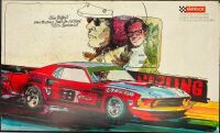 ALLAN MOFFAT: A period Girlock advertising poster board with artwork depicting Allan Moffat's Ford Mustang Trans-Am #9, 54cm wide by 90cm high [Location: Sydney]