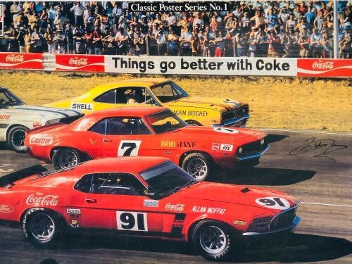 AUSTRALIAN TOURING CARS: A poster board 'Classic Poster Series No. 1' depicting the grid at the 1971 Calder Park ATCC round, signed by Bob Jane, 55cm x 82cm