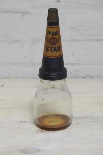 PURR STAR: c1930's-40's glass one imperial pint bottle with original Purr Star tin top pourer.