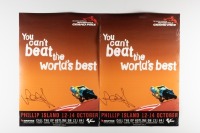 VALENTINO ROSSI: Two Valentino Rossi signed posters promoting the 2001 Australian MotoGP at Phillip Island, 58cm high, 42cm wide