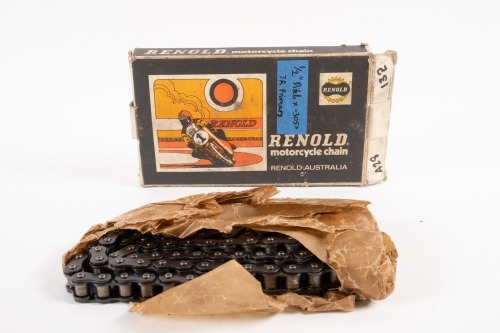 RENOLD CHAIN: A new in original box Renold motorcycle chain, size 1/2 inch pitch, 0.305 inch width, 137 links long with connector links
