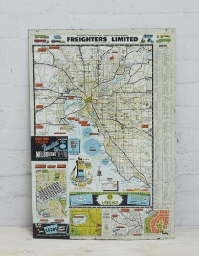 FREIGHTERS LTD: A very rare c1956 metal-plate Broadbent's&nbsp;wall map of Melbourne. Measures 77cm x 52 cm