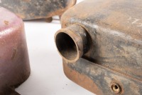 OIL TANKS: A group of five oil tanks, includes two Velocette tanks, two Norton tanks and one Ariel 350 tank - 2