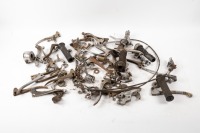 LEVERS / GRIPS / GAITERS: A tub of assorted levers, twistgrips & a pair of NOS fork gaiters