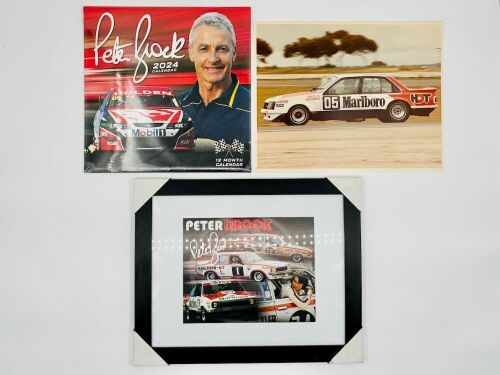 PETER BROCK: A framed print of Peter Brock racing in HDT Toranas, together with a unframed colour print of the LJ Torana L34 and an unopened 2024 calendar [Location: Sydney]