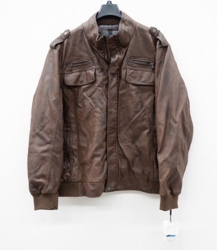 CALVIN KLEIN JACKET: A new with tags Calvin Klein brown faux leather riding jacket, size XL