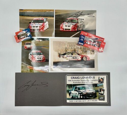 108 · CRAIG LOWNDES: A group of HRT items including a colour photo mounted on card with signature, three loose photos and two Classic Carlectable models, one 1:43 and the other 1:64 scale. [Location: Sydney]