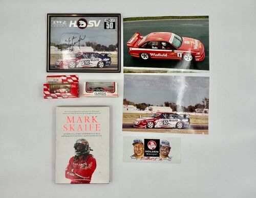 104 · MARK SKAIFE: A hardcover autobiography 'Mark Skaife: The Complete Illustrated Autobiography of One of Australia's Most Successful Touring Car Drivers', together with two 1:64 scale models by Classic Carlectables and three photos including one signed. [Location: Sydney]