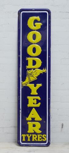 GOODYEAR: An embossed enamel 'Goodyear Tyres' vertical sign, (made by Meters KFB Melbourne) 180x43cm.