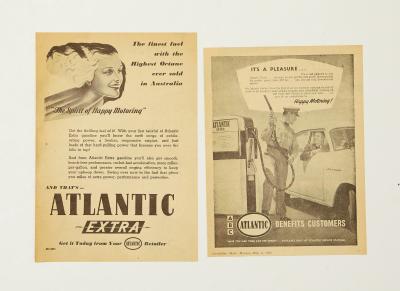 ATLANTIC: A pair of Atlantic Motor Spirit advertisements- Featuring the "The spirit of happy motoring' slogan